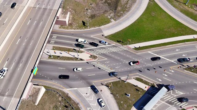 Aerial view of I-75 diverging diamond highway interchange in Madison Heights, Michigan, USA