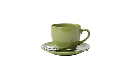 Obraz premium Minimalist Green Tea Cup Saucer and Spoon Isolated on White Background Still Life