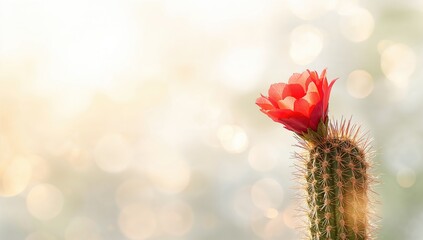 Desert cactus with red flower in a blurred background, suitable for nature-themed layouts, Earth Day