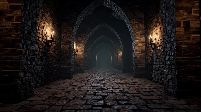 Dark medieval corridor with stone arches and flickering candlelight, creating a mysterious atmosphere.