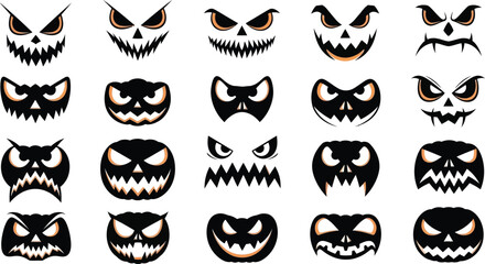 A diverse collection of twenty-five spooky and evil Jack O' Lantern faces for Halloween. This vector set features scary monster, ghost, and demon expressions for pumpkin carving designs