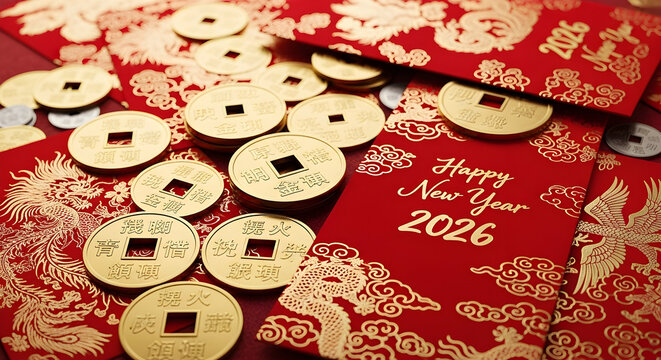 Chinese new year 2026 celebration with red envelopes and ancient coins