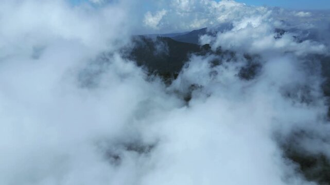 Flight through the clouds to green mountine top