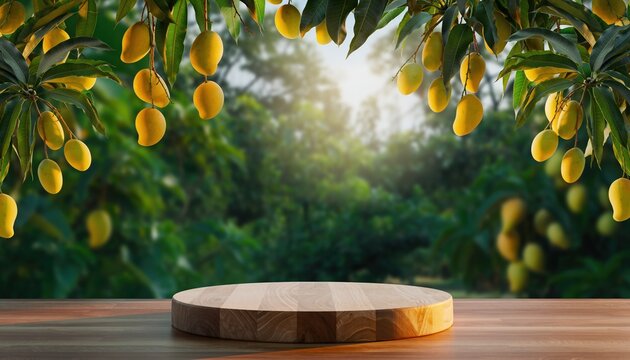 Empty Wooden Podium Surrounded by Lush Mango Trees in Golden Sunlight. - Powered by Adobe