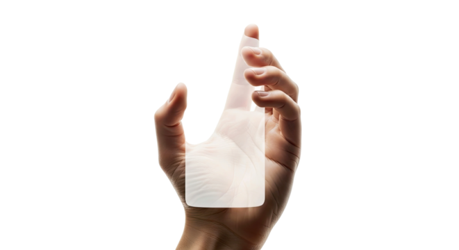 Single Hand Holding a Blank Transparent Plastic Card Against a White Background