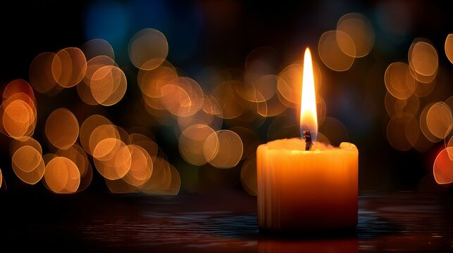 Warm candle flame glowing brightly against a bokeh background creating a calm and peaceful mood for holidays and celebrations