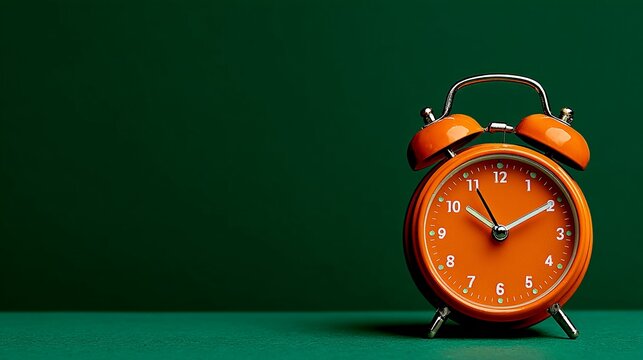 Retro orange alarm clock reminding of deadlines against a deep green background perfect for time management concepts and productivity tips