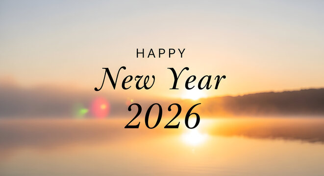 Happy new year 2026 over a blurred sunrise landscape