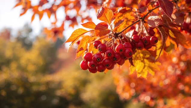 Red mountain ash branches with clusters of berries in an autumn landscape, emphasizing seasonal change