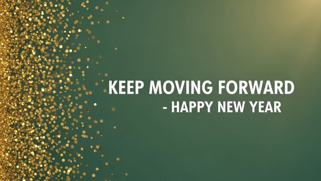 Keep moving forward happy new year message with gold glitter on a green background for new beginnings - Powered by Adobe