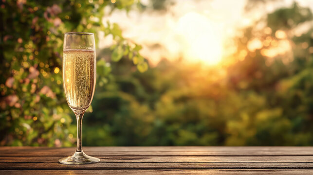 A champagne flute glistens with bubbles, perched elegantly atop a wooden surface, with a picturesque natural backdrop in a moment of celebration.
