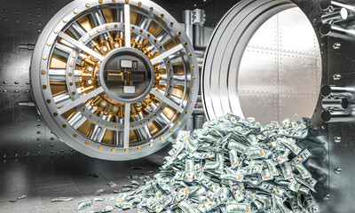Bank vault door opening spilling money wealth 3d
