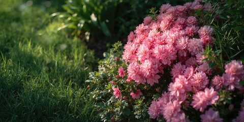 High angle view of vibrant pink flowers in a lush green garden, emphasizing seasonal bloom awareness