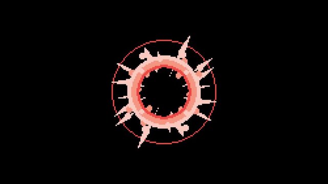 red mini explosion sparkle magic effect in pixel art style with black background