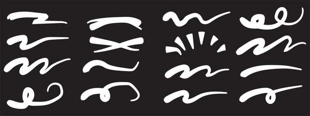 Charcoal underlines, color scribbles and wavy brush strokes. Kids hand drawn doodle squiggles, curly lines. Pencil chalk think and rough stripes, freehand crayon strikethroughs on white background 