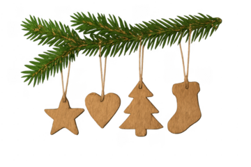 Pine branch holding rustic wooden christmas ornaments on transparent background