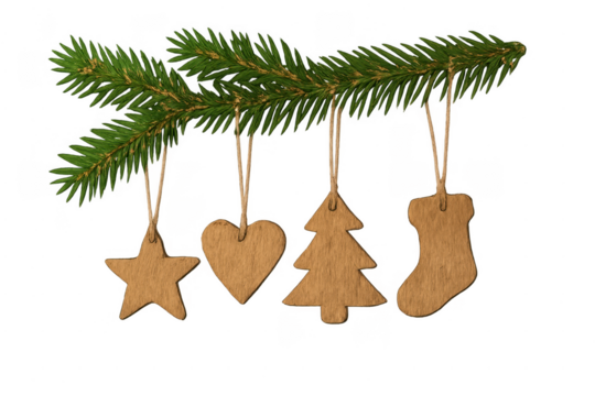 Pine branch holding rustic wooden christmas ornaments on transparent background