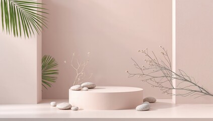 Fototapeta premium Elegant podium with natural stones, pebbles, and plant branches used for presentation, background for event setup
