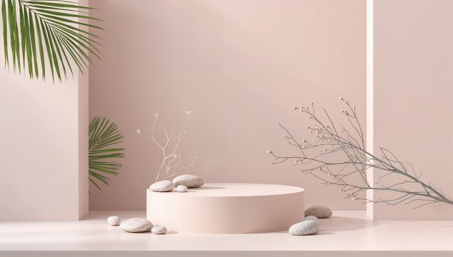 Elegant podium with natural stones, pebbles, and plant branches used for presentation, background for event setup