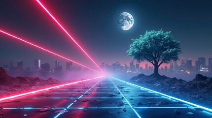 Sci-fi landscape glowing neon battlefield between red and blue energy beams, , perspective motion blur with dynamic light trails, city skyline under a bright full moon and starry galaxy.