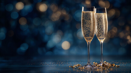 Two flutes of champagne stand ready for a special toast. Delicate bubbles rise to the surface of the bubbly liquid.