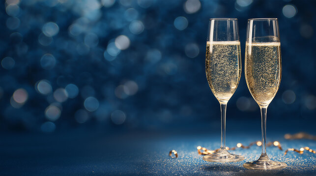 Two elegant champagne flutes stand side by side, filled with sparkling golden nectar, set against a backdrop of twinkling bokeh lights that add a touch of magic to the scene.
