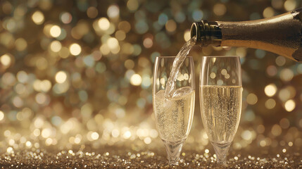 Champagne Pouring into Flutes, Evoking Celebration.