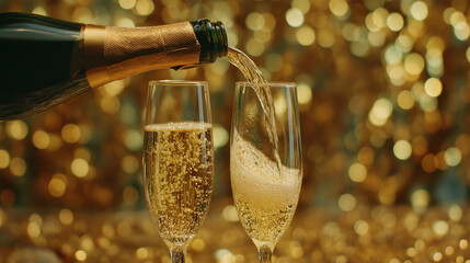 Effervescent champagne fills two elegant glasses, celebrating joy and special moments, with a backdrop of shimmering golden bokeh that adds a touch of festivity and glamour.