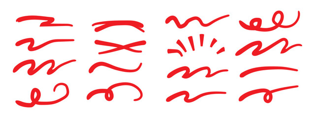 Line marker red underline set. Hand drawn red pen and brush stroke with underline accent, swoosh detail and squiggly sketch mark. vector set