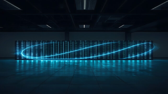 Dark Server Room with Bright Blue Glow, Empty Data Center Interior, High-Tech Computing Facility