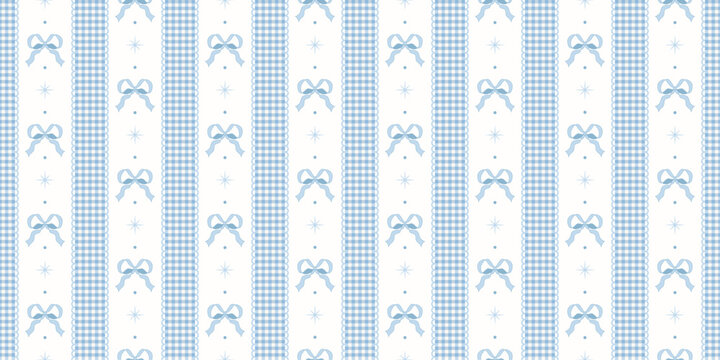 Coquette seamless pattern blue bow and ribbon. Gingham vintage wrapping paper background for birthday and holiday. Cute repeat wallpaper texture. Lace stripes plaid fabric. Vector illustration