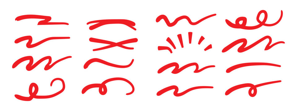 Line marker red underline set. Hand drawn red pen and brush stroke with underline accent, swoosh detail and squiggly sketch mark. vector set