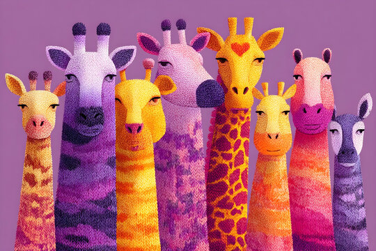 Colorful gathering of cartoon giraffes in a vibrant purple background during a playful party