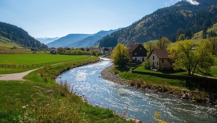 Rural houses along a mountain river bend on a clear sunny day, suitable for scenic backgrounds or editorial layouts