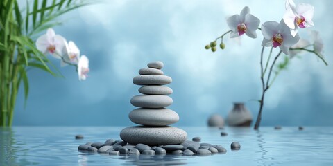 Obraz premium Zen-inspired blue backdrop with Japanese stones arranged in towers for spa and meditation, emphasizing relaxation