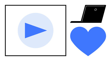 Blue play icon in a square, laptop, and heart symbol in minimalist style. Ideal for multimedia, technology, streaming, online interaction, digital life, user engagement and connection simple flat