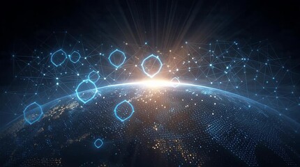 Abstract digital network overlaying the Earth with glowing connections and light bursts. - Powered by Adobe