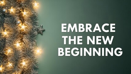 Silver christmas tree with star lights and ornaments on a green background with text overlay