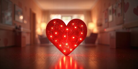 French phrase merci with a red heart and heart-shaped lights, emphasizing gratitude and affection