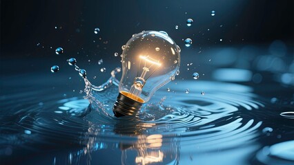 Glowing incandescent light bulb splashing into water captured at the precise moment of impact, bright water droplets frozen in midair around the bulb, reflecting blue and silver light.
