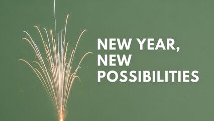 A firework display on a green background with new year new possibilities message on the right side