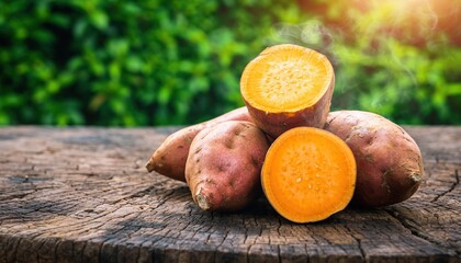 Fresh Sweet Potatoes Halved on Rustic Wooden Table with Greenery Background.