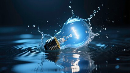 Glowing incandescent light bulb splashing into water captured at the precise moment of impact, bright water droplets frozen in midair around the bulb, reflecting blue and silver light.