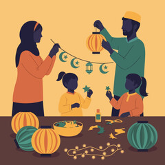 Muslim family crafting ramadan decorations together at home, celebrating eid al fitr.