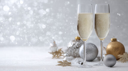 Two elegant champagne glasses clink in a toast, surrounded by festive ornaments and a shimmering bokeh backdrop. Ideal for a celebration, capturing moments of joy and elegance.
