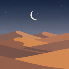 Minimalist vector of a desert landscape with sand dunes under a crescent moon at night.