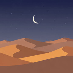 Scenic desert landscape with sand dunes under a night sky with crescent moon and stars.