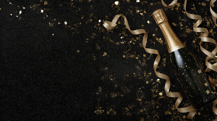 A champagne bottle sparkles amid golden confetti and ribbons, symbolizing festive occasions. 