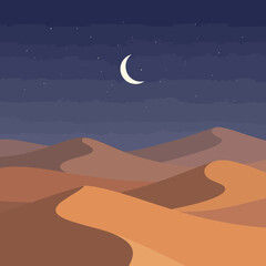 Illustration of sand dunes under a starry night sky with a crescent moon shining above.