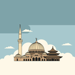 A mosque, minaret, and temple stand together against a cloudy blue sky, vector illustration.
